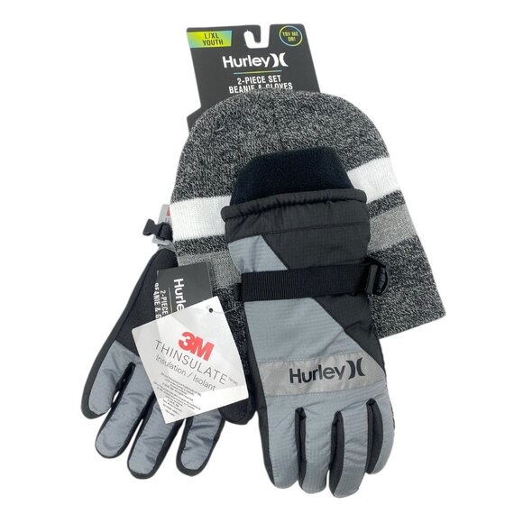 Hurley Youth 2‎ Piece Beanie & Gloves Thinsulate Water Repellent Cinched Wrist - Picture 1 of 6